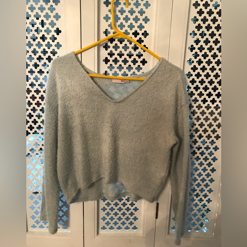 Light blue cropped fuzzy sweater from SO